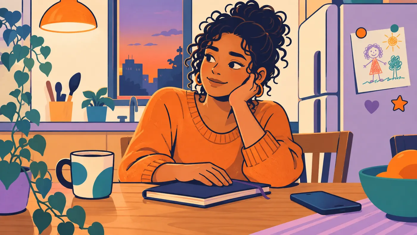 Mulher à mesa da cozinha ao anoitecer, caderno fechado sob a mão e um desenho de criança na geladeira.