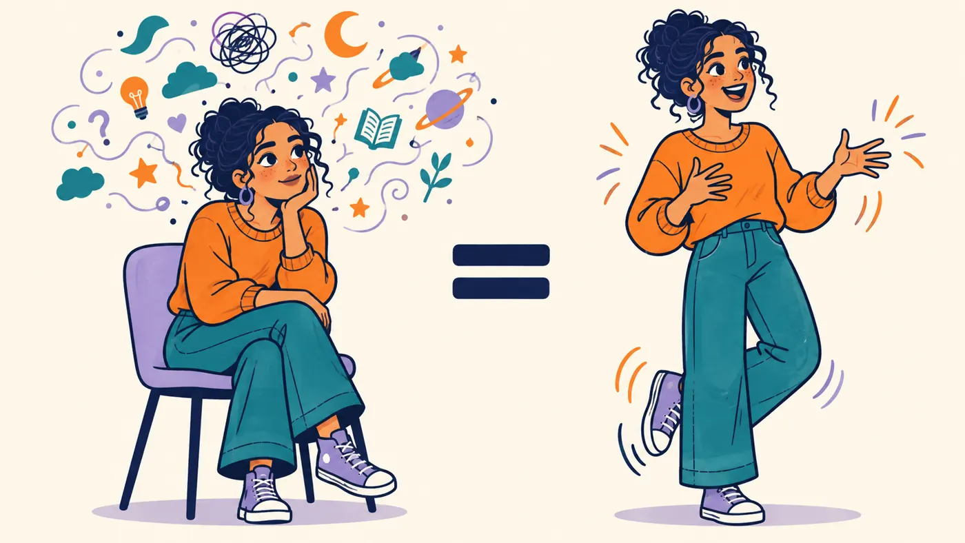 A mesma jovem sentada, com a cabeça cheia de ideias, e em pé, falando e mexendo o pé, ligadas por um sinal de igual.
