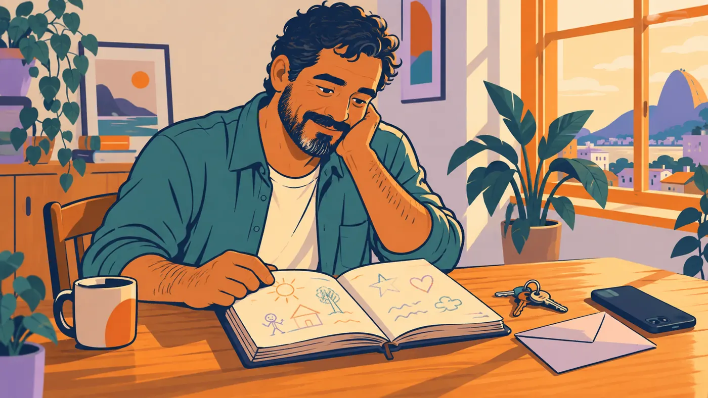 Homem adulto olha um caderno antigo de desenhos, com chaves, envelope e celular na mesa.
