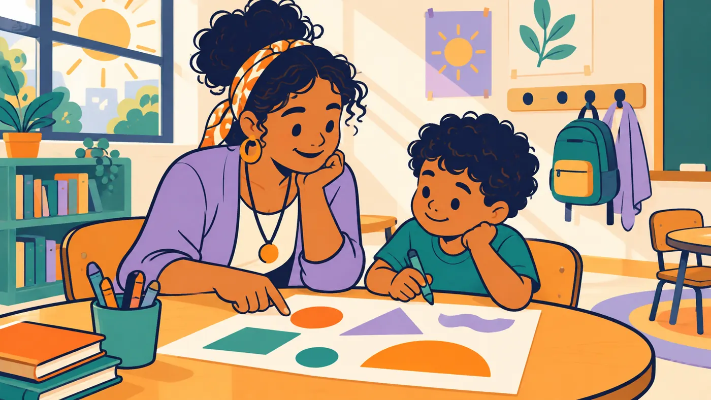 Professora e aluno sentados juntos numa mesa redonda, olhando formas coloridas num papel.