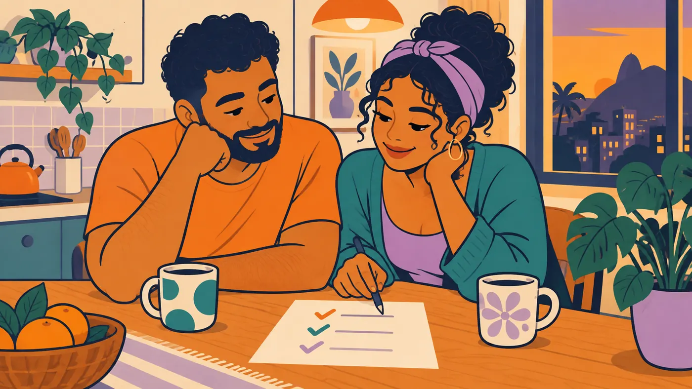 Casal na cozinha, de noite, compartilhando uma folha com marcas coloridas.
