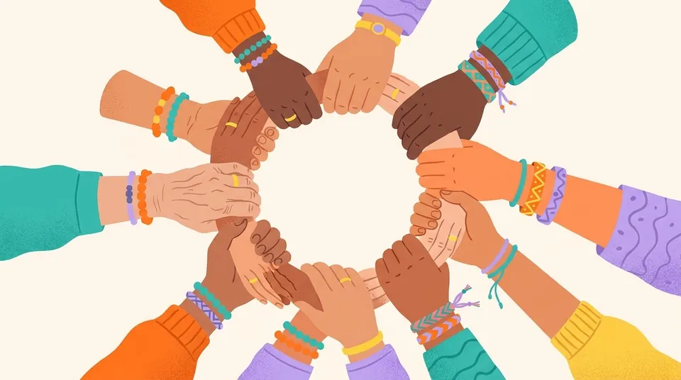Diversas mãos de diferentes tons de pele unidas em um círculo fraterno e solidário